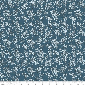SALE Live, Love, Glamp Leaves C13504 Denim - Riley Blake Designs - White Leaf Sprigs - Quilting Cotton Fabric