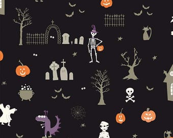 Beggar's Night Main C14500 Black - Riley Blake Designs - Halloween Skeletons Mummies Ghosts Pumpkins Cats Bats - Quilting Cotton Fabric