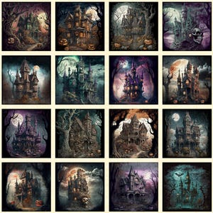 Creepsville Haunted House Picture Patches Panel 30200 Cream E - - QT Fabrics - Halloween - Quilting Cotton Fabric