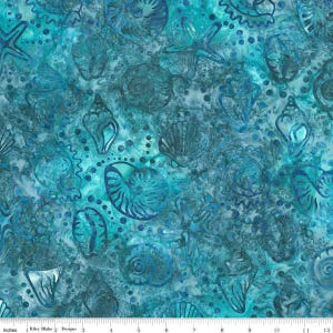 May include: Teal blue fabric with a repeating pattern of seashells, starfish, and nautilus shells. The fabric has a watercolor effect and is perfect for quilting, crafts, and home decor.