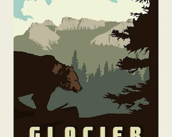 SALE National Parks Poster Panel Glacier by Riley Blake - Montana Mountains Bear Wildlife DIGITALLY PRINTED - Quilting Cotton Fabric