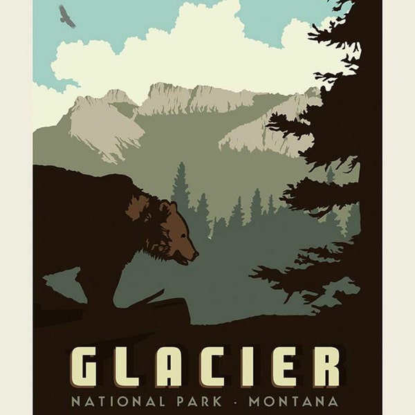 SALE National Parks Poster Panel Glacier by Riley Blake - Montana Mountains Bear Wildlife DIGITALLY PRINTED - Quilting Cotton Fabric