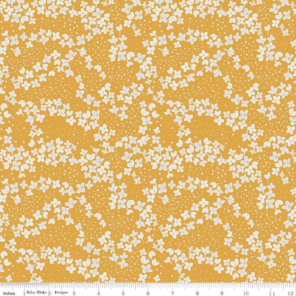 SALE With a Flourish Blossoms C12732 Mustard - Riley Blake Designs - Floral Flowers Dots - Quilting Cotton Fabric