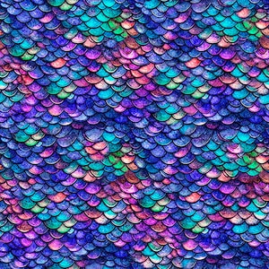May include: A vibrant, textured pattern featuring overlapping, iridescent scales in shades of blue, purple, green, and pink. The design evokes a mermaid or fantasy theme, with a shimmering, aquatic aesthetic.