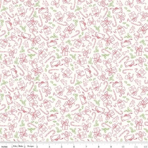 Christmas with Scaredy Cat Presents C13536 Cream - Riley Blake Designs - Line-Drawn Gifts Bows Candy Canes - Quilting Cotton Fabric