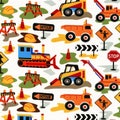 Tot Town Dig It White by Michael Miller - Construction Trucks Bulldozer Orange - Quilting Cotton Fabric - choose your cut