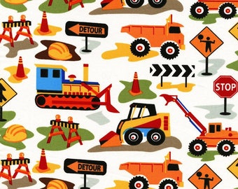 Tot Town Dig It White by Michael Miller - Construction Trucks Bulldozer Orange - Quilting Cotton Fabric - choose your cut