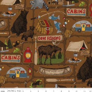 May include: A brown fabric with a repeating pattern of camping and nature scenes. The pattern includes cabins, moose, raccoons, bears, fishing poles, canoes, and a sign that says "Gone Fishing".