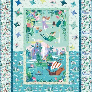 May include: A blue and green quilt featuring a whimsical illustration of Peter Pan flying with Tinkerbell and Wendy. The quilt also includes a scene of Captain Hook's ship sailing on a turquoise sea.