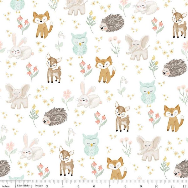 It's a Girl Main C13320 White - Riley Blake Designs - Baby Animals Hedgehogs Elephants Owls Deer Rabbits - Quilting Cotton Fabric
