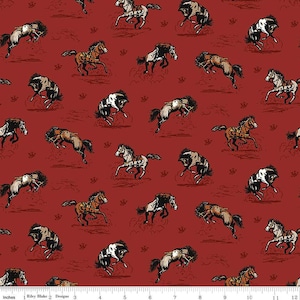 May include: Red fabric with a repeating pattern of brown, white, and black horses running and jumping. The horses are drawn in a vintage style.