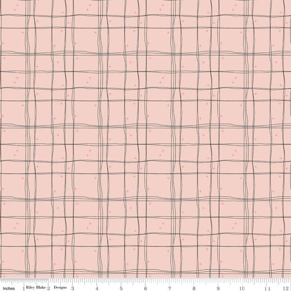 Mod Meow Plaid C10285 Blush - Riley Blake Designs - Cat Cats Sketched Lines Irregular Grid Stars Pink - Quilting Cotton Fabric
