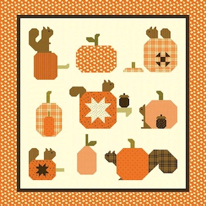 May include: A patchwork quilt block featuring a variety of orange and brown pumpkins with squirrels. The pumpkins are decorated with different patterns, including plaid, polka dots, and stars. The squirrels are holding acorns.