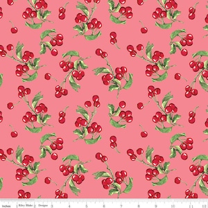 May include: A repeating pattern of red cherries and green leaves on a pink background. The cherries are clustered on branches, with some individual cherries scattered throughout. The design is a watercolor style.