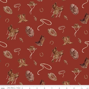 Ride the Range Accessories C12741 Barn Red - Riley Blake Designs - Hats Boots Ropes Saddles Horseshoes Cowboy - Quilting Cotton Fabric