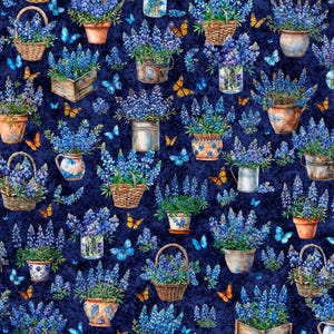 May include: A repeating pattern of blue lupine flowers in various pots, baskets, and containers, interspersed with blue and orange butterflies, set against a dark blue textured background. The floral arrangement includes rustic pots and woven baskets.