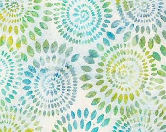 May include: White fabric with a repeating pattern of blue and green swirling circles. The circles are made up of small, overlapping ovals.
