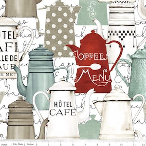 May include: A white background with a repeating pattern of vintage coffee pots in various colors, including red, blue, green, and brown. The coffee pots have a distressed look and are decorated with polka dots, stripes, and other patterns. The text "Hotel Cafe" and "Coffees Menu" are written on the coffee pots.