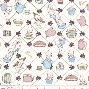 May include: A white fabric with a repeating pattern of a cherub holding a cupcake, a cherub holding a rolling pin, a cherub holding a pitcher, a cherub holding a spoon, a teapot, a pie, a bowl, a cup, a jar of jam, a rose, and the word "Kewpie".