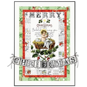 May include: A framed Christmas print with a vintage aesthetic. The artwork features the words "MERRY CHRISTMAS" and a depiction of the baby Jesus in a manger. The print includes holly and musical notes, with a banner spelling "CHRISTMAS".