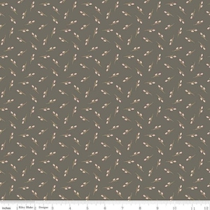 May include: Fabric with a repeating pattern of small, stylized floral sprigs. The sprigs have a light pink bud and a thin, tan stem, scattered across a muted olive-green background. The fabric is measured in inches.