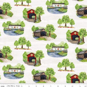 Covered Bridges in Spring Main CD15820 White by Riley Blake Designs - DIGITALLY PRINTED - Landscape Scenery - Quilting Cotton Fabric