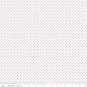 May include: White fabric with a repeating pattern of small red polka dots.