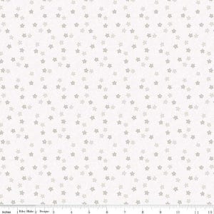 May include: White fabric with a repeating pattern of small gray flowers. The fabric is measured in inches.