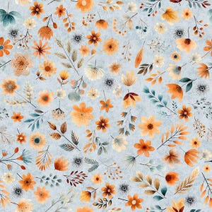 May include: A repeating pattern of watercolor flowers and leaves in shades of orange, yellow, and brown on a light blue background. The floral design includes various flower shapes and leaf arrangements.