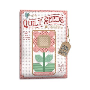 May include: A pink and green quilt block pattern titled "Prairie Flower #4" from the "Quilt Seeds" collection by Lori Holt of "Bee in my Bonnet". The pattern is surrounded by a pink and white polka dot background with the text "100% Cute" and "Collect All 6" on the image.