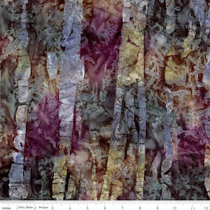 May include: Abstract fabric with a batik design. The fabric features vertical stripes in shades of purple, blue, brown, and green. The design has a textured, organic appearance, with subtle patterns and variations in color.