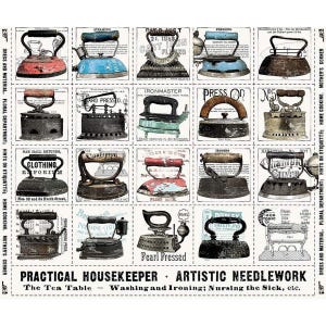 May include: A vintage-style illustration featuring a collection of antique irons. The irons are arranged in a grid pattern and each has a unique design and label. The image includes text that reads "Practical Housekeeper - Artistic Needlework" and "The Tea Table - Washing and Ironing; Nursing the Sick, etc."