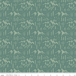 Albion Mountains C14592 Green - Riley Blake Designs - Mountain Tents Trees Trail Signs Moons Stars - Quilting Cotton Fabric