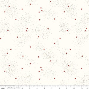 May include: White fabric with a scattered pattern of small black dots and larger red flowers.