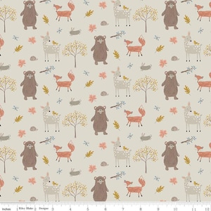 FLANNEL Woodland Creatures F16023 Taupe - Riley Blake Designs - Trees Leaves Rabbits Deer Bears Fox - FLANNEL Cotton Fabric