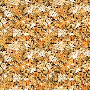 May include: Abstract pattern featuring a mosaic-like design with a warm color palette. The image showcases a repeating pattern of interconnected shapes in shades of gold, brown, and cream, creating a textured, stained-glass effect.