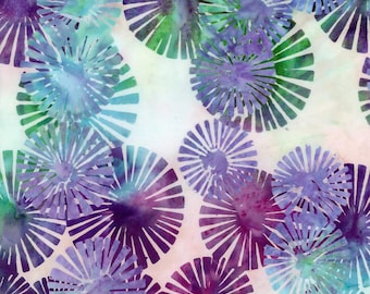 May include: A white fabric with a repeating pattern of purple and blue stylized flowers. The flowers have a watercolor effect and are arranged in a random pattern.