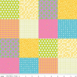 May include: A patchwork fabric design featuring sixteen squares with various patterns. The squares display geometric shapes, floral motifs, and abstract designs in colors like yellow, green, pink, and blue. The fabric is approximately 12 inches wide.