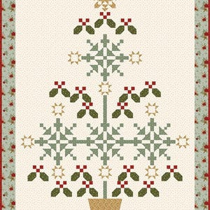 May include: A Christmas-themed quilt featuring a stylized tree design. The tree is composed of green and gold geometric shapes, with red holly accents. The quilt has a cream background with a floral border, creating a festive and decorative piece.