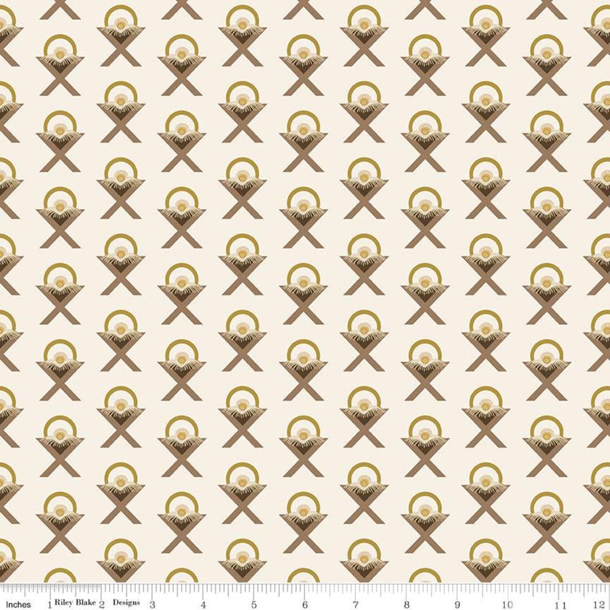 CLEARANCE Oh Holy Night Manger Linen SPARKLE - Riley Blake Designs - Christmas Nativity Mangers Beige with Gold - Quilting Cotton Fabric