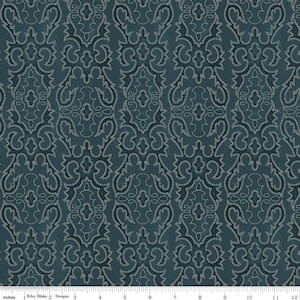 May include: Teal fabric with a repeating damask pattern. The design features dark teal and cream-colored embroidered details. The fabric is approximately 12 inches wide.