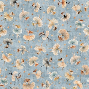 May include: A repeating pattern of watercolor ballerinas in various poses on a textured, light blue background. The dancers wear tutus in shades of cream, peach, and gray, with some accented by butterflies and small floral elements.