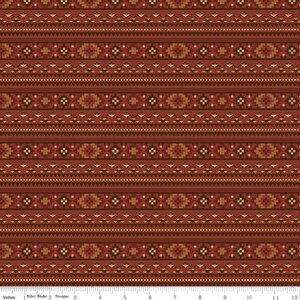 May include: A detailed pattern featuring horizontal bands of geometric designs in shades of red, brown, and gold. The design includes diamond and triangle shapes, creating a textured, woven appearance. The pattern is measured in inches.