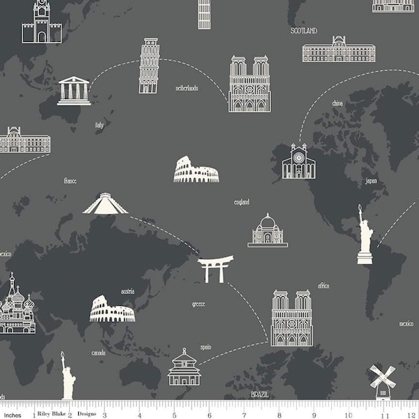 CLEARANCE My Heritage Map C9797 Charcoal - Riley Blake - Gray World Map Countries Landmarks  - Quilting Cotton Fabric