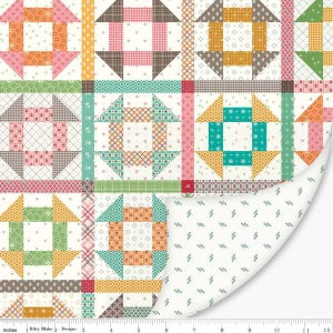 May include: A patchwork quilt fabric featuring a repeating pattern of geometric blocks in various colors, including pink, teal, orange, and brown. The design incorporates squares, triangles, and patterned fabrics. The fabric is approximately 12 inches wide.