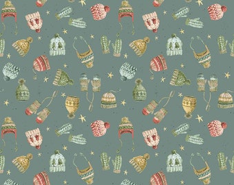 May include: A seamless pattern featuring a variety of winter-themed illustrations on a blue-green background. The pattern includes hats, mittens, and stars in various colors and designs.