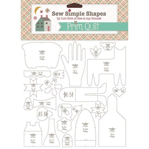 May include: A sewing pattern set titled "Sew Simple Shapes Prim Quilt" by Lori Holt of Bee in my Bonnet. The pattern includes various shapes for quilting, such as a hand, house, and star, with the pattern pieces labeled with numbers.