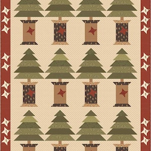 May include: A quilt pattern with a cream background featuring a repeating design of green trees and brown spools of thread with red stars. The border is a red and white pattern.