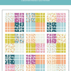 May include: A quilt pattern titled "Double Dash" by Cotton and Joy Patterns. The design features nine colorful squares with floral and geometric patterns in shades of pink, blue, orange, and green. The text "A Beginner Friendly Quilt Pattern" is also included.
