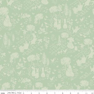 May include: A light green fabric with a repeating pattern of rabbits, trees, flowers, and other garden elements. The design is in a lighter shade of green, creating a subtle contrast. The fabric is 12 inches wide.